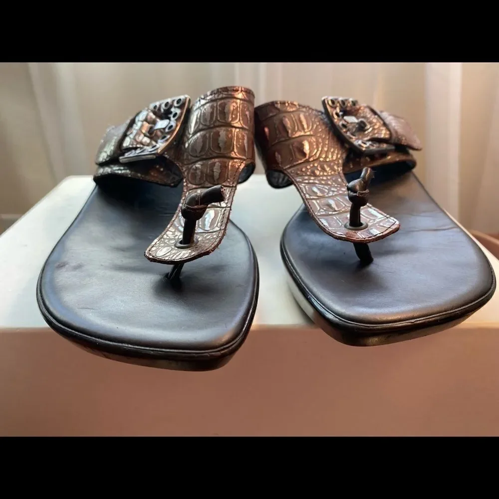 Y2K vintage Donald J Pliner Croc Embossed Leather Wedge Sandals Buckle Slides 7